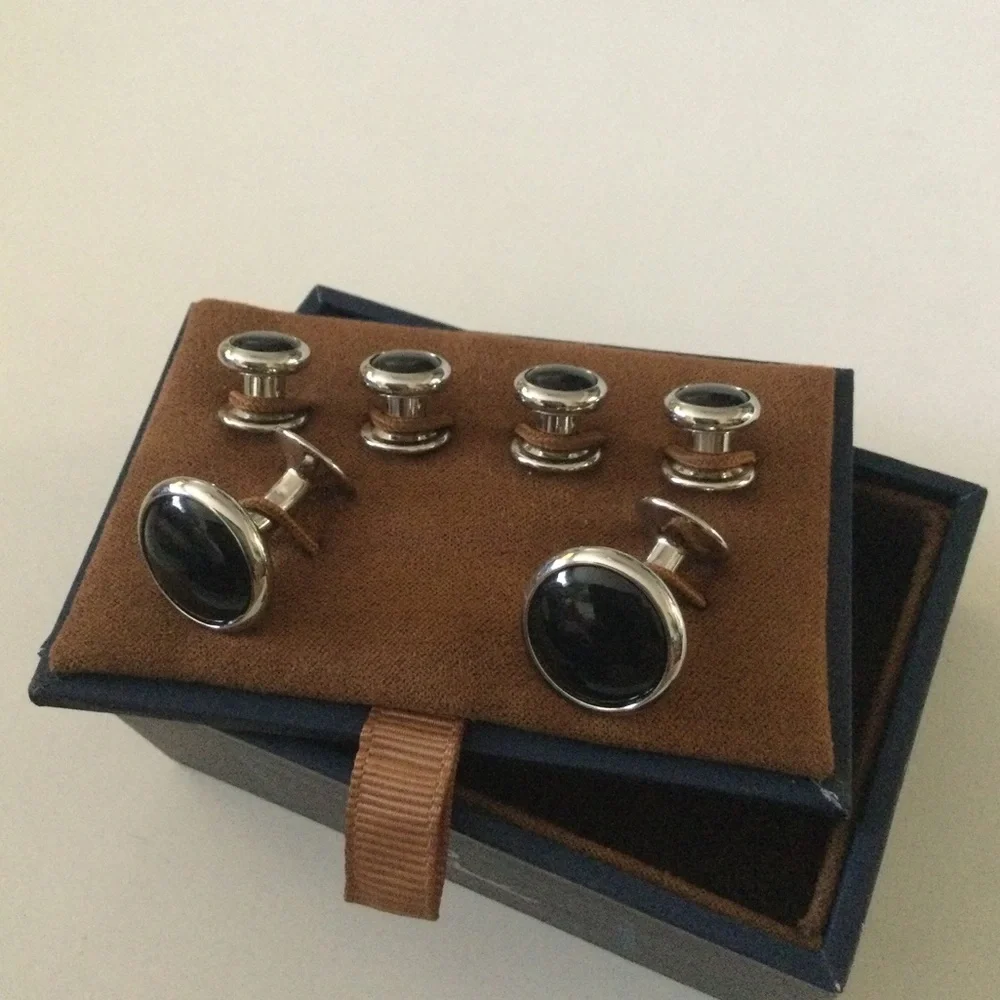 DAVID DONAHUE CUFF LINKS AND STUD SET SILVER BLACK ONYX NWT